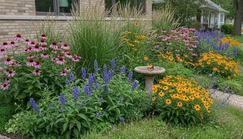 Sustainable native plant garden with drought-tolerant landscaping in Chicago, IL