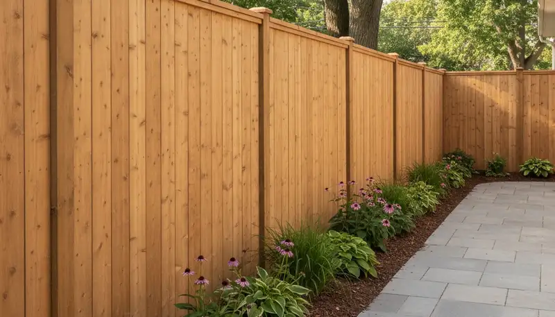 White wooden privacy fence installation by Chicago IL landscaping professionals